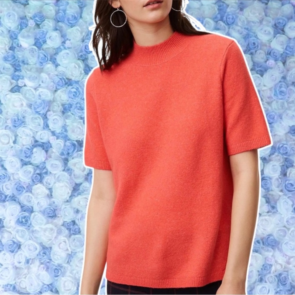 Ann Taylor Loft Small Wool Blend Mock Neck Top Short Sleeved Orange Sweater Tee